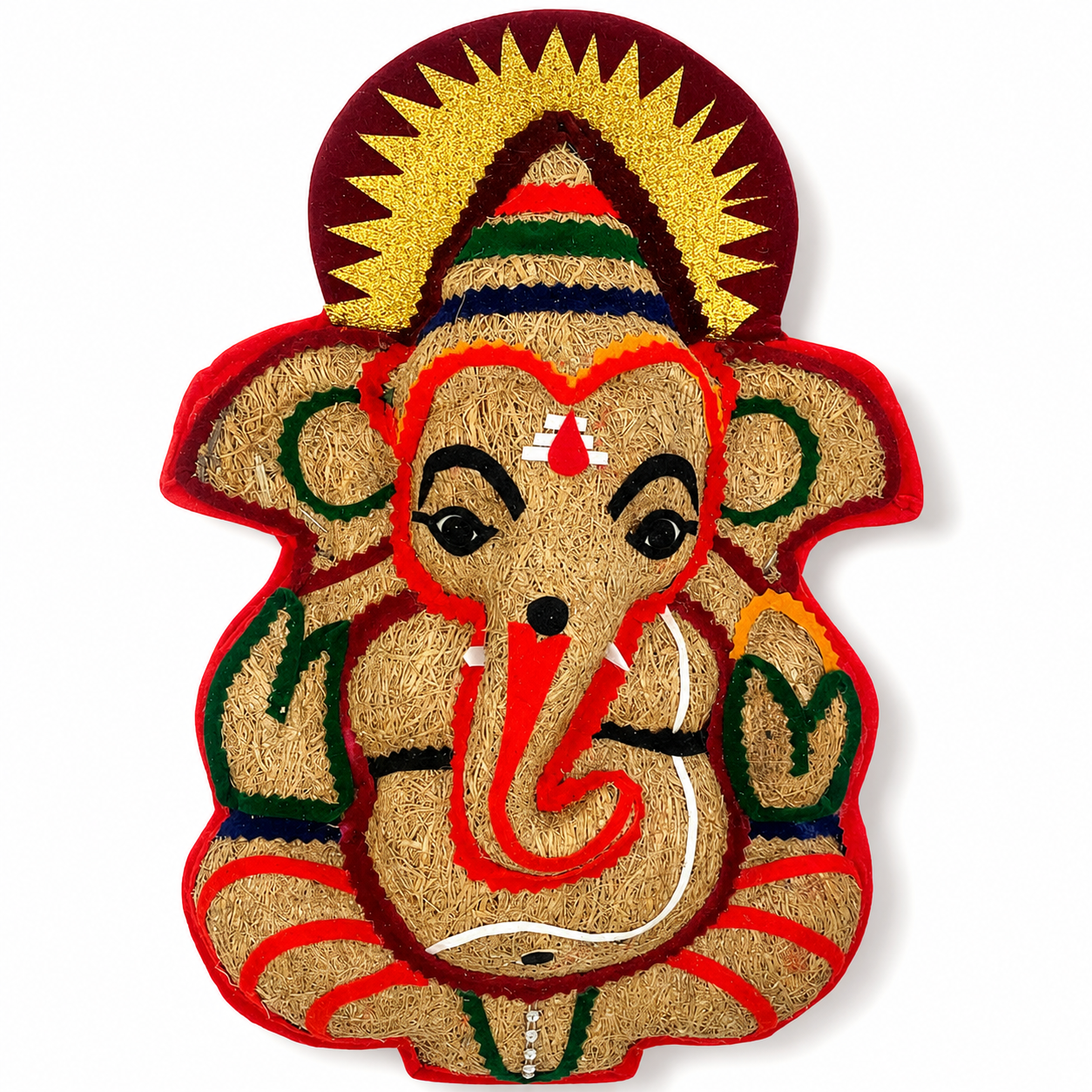 Anketras Vettiver Vinayagar Wall Hanging (14 Inch) with Attached White Bead Malai Design, Handmade Vetiver Grass Ganesha/Pillaiyar Face Décor for Entrance, Pooja Room, Door, Mandir & Festival Gift